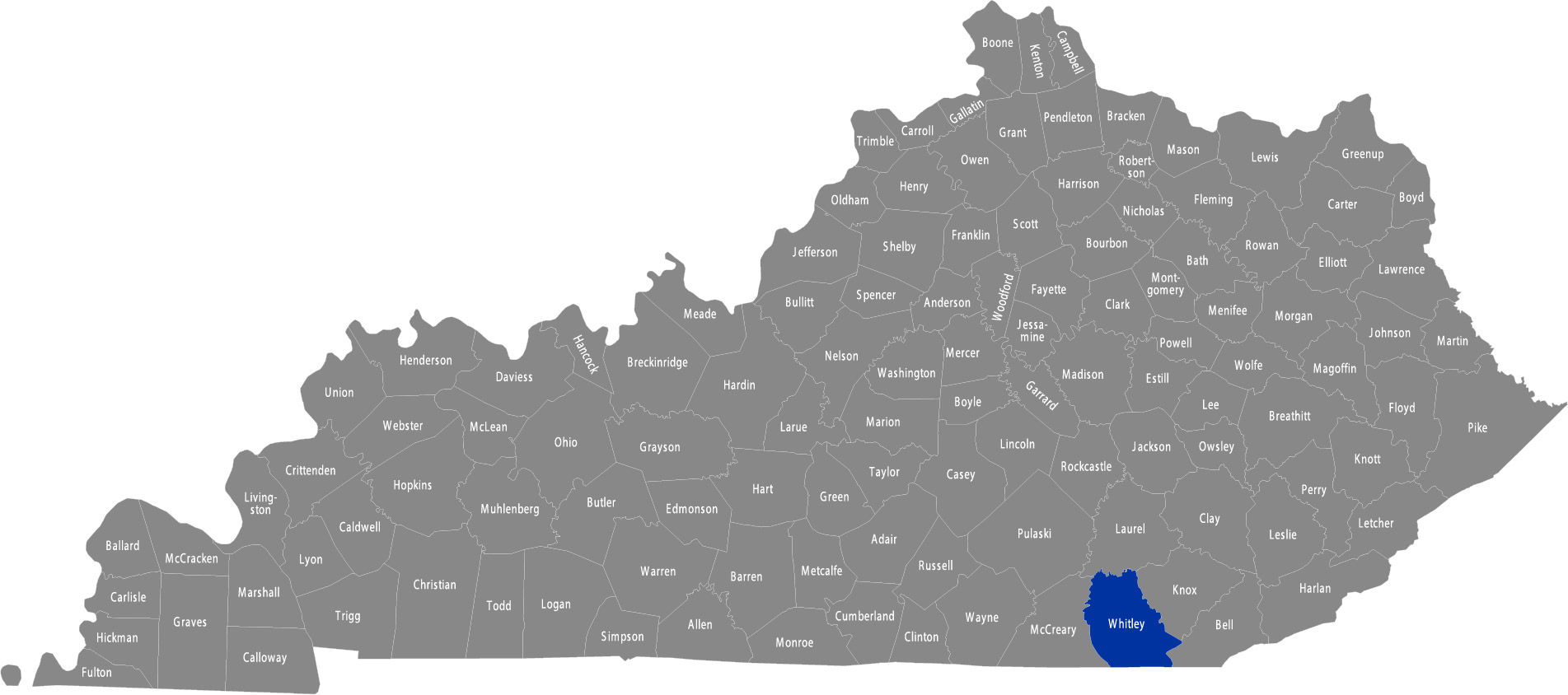 State of Kentucky map with Whitley County highlighted